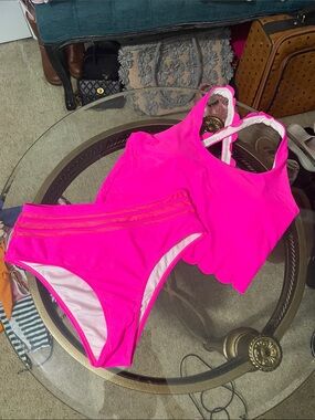 Hot Pink Women's High-Waist Bikini Set - Scallop Trim Tank